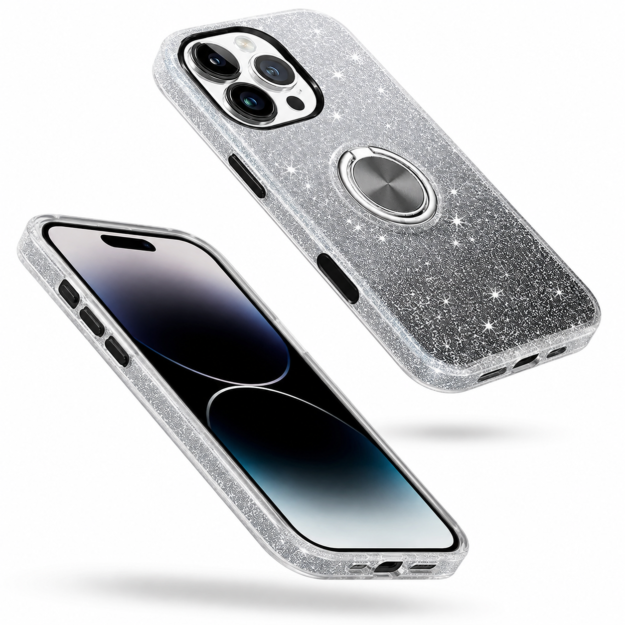 3-in-1 Glitter Ring Case for Apple iPhone 16 Pro Max - Black Silver