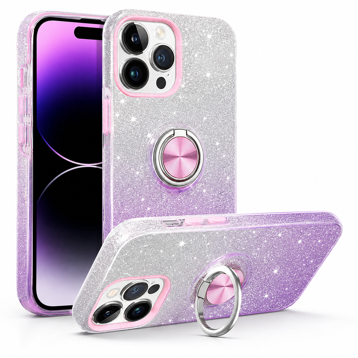 3-in-1 Glitter Ring Case for Apple iPhone 16 Pro Max - Purple / Silver