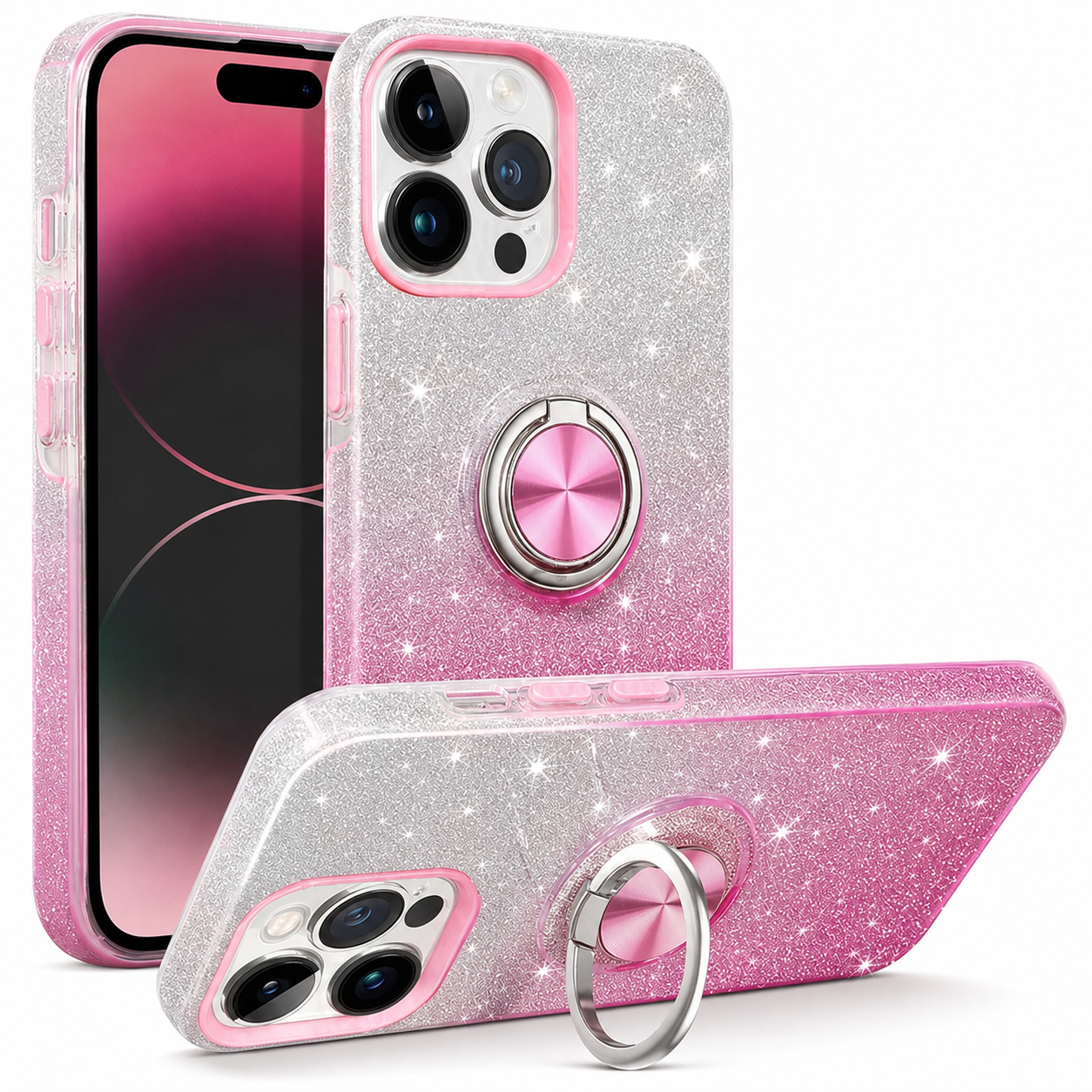 Glitter Ring Case for Apple iPhone 16 Pro Max - Pink / Silver