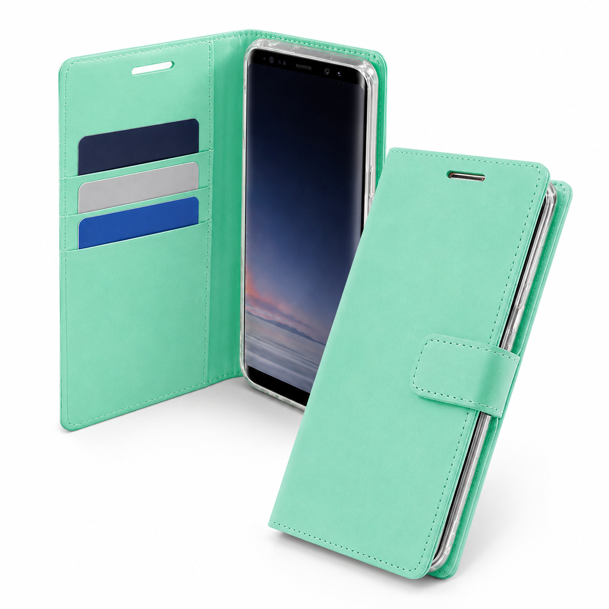 Teal Goospery wallet cover with card storage and magnetic closure
