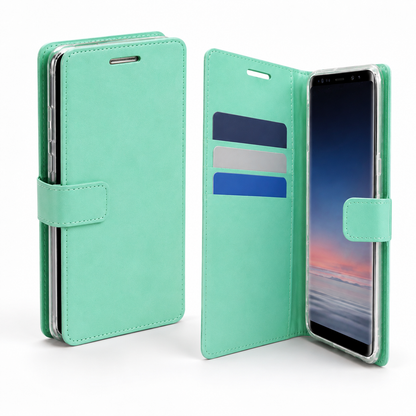 Teal leather-style flip phone cover for iPhone 17e and iPhone 16e