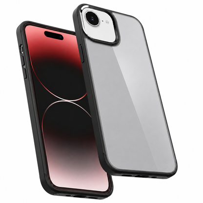 Black clear impact-resistant iPhone cover with raised camera and screen edges