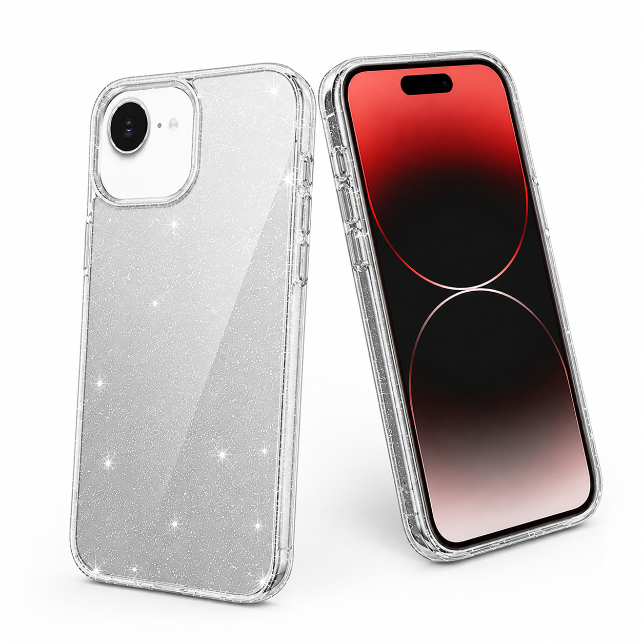 Clear sparkly impact-resistant cover with raised screen and camera protection