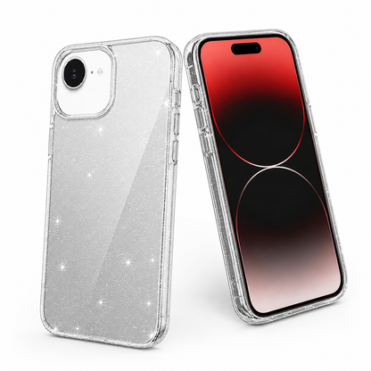 Clear sparkly impact-resistant cover with raised screen and camera protection