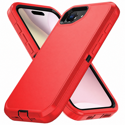 Red impact-resistant iPhone cover with raised camera bezel and screen protection
