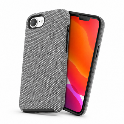 Grey impact-resistant iPhone cover with raised camera and screen edges