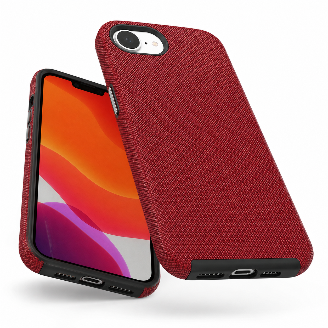 Red impact-resistant iPhone cover with reinforced corners and raised edges