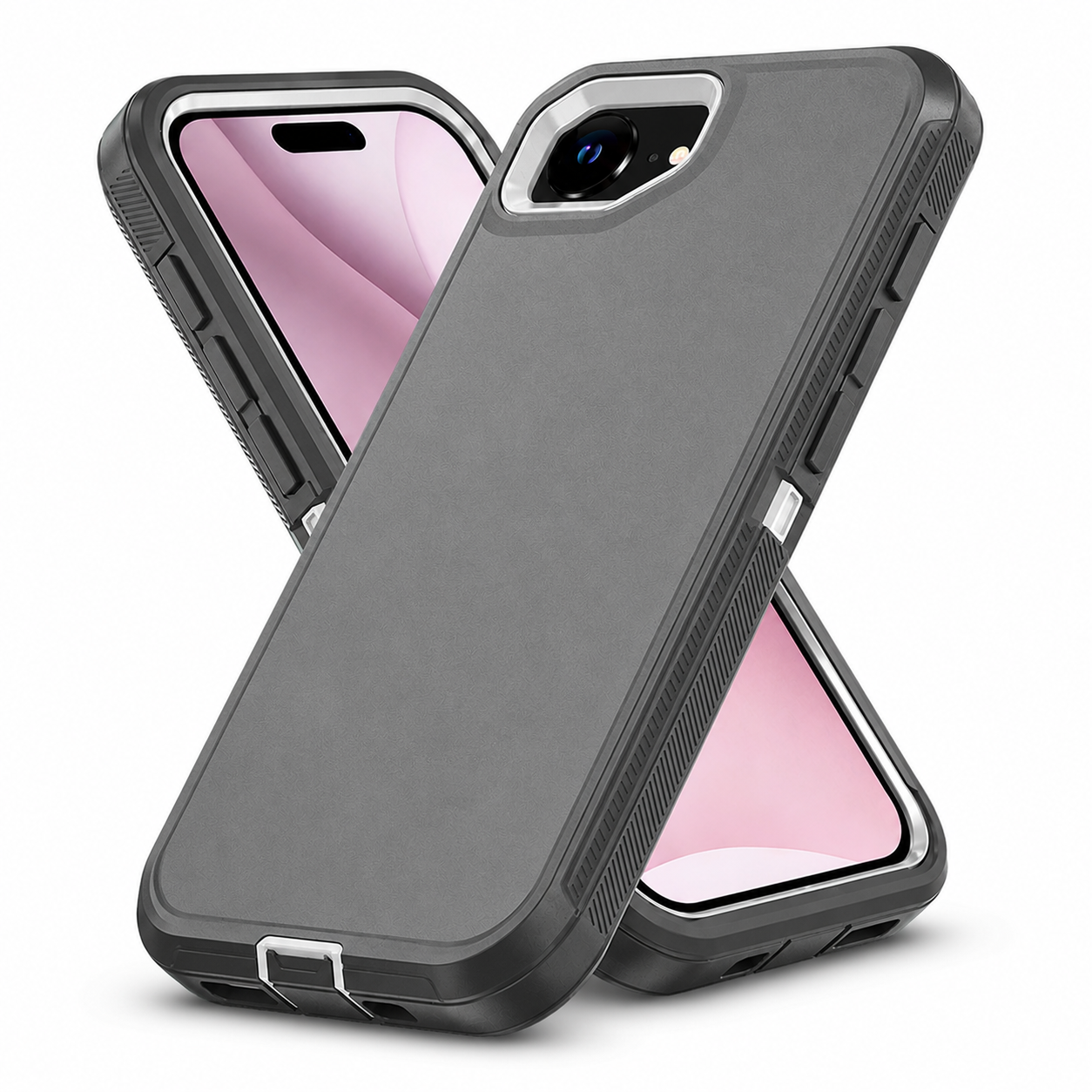 Grey heavy-duty iPhone cover with reinforced corners and raised camera edges