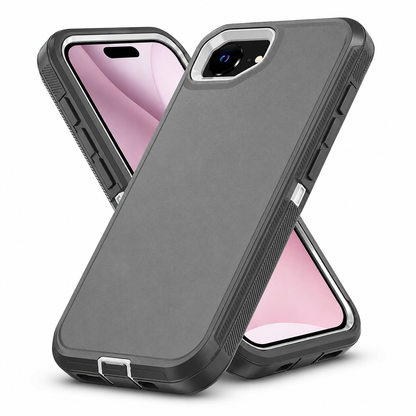 Grey heavy-duty iPhone cover with reinforced corners and raised camera edges