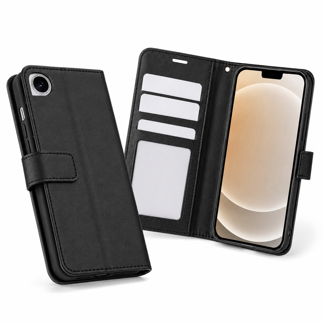 Black iPhone wallet case with card slots, ID window and magnetic closure