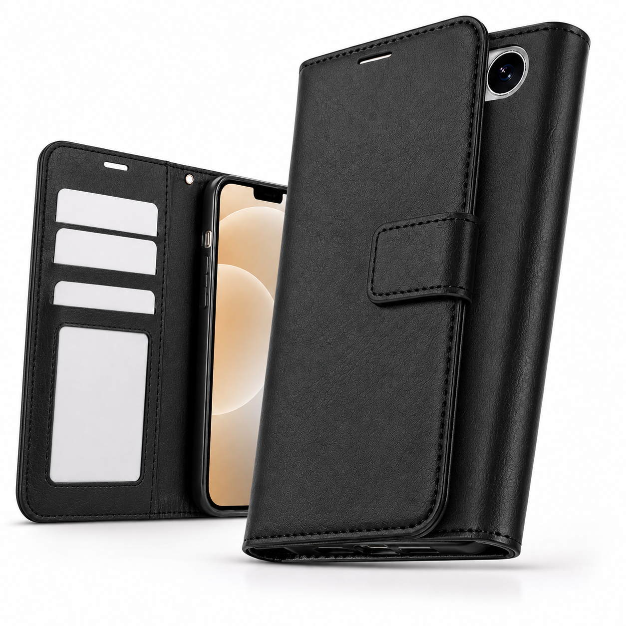 Black leather-style flip phone cover for iPhone 17e and iPhone 16e
