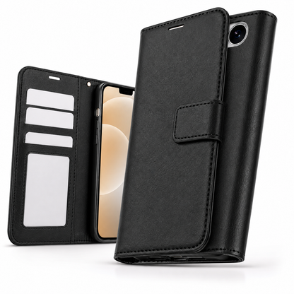 Black leather-style flip phone cover for iPhone 17e and iPhone 16e

