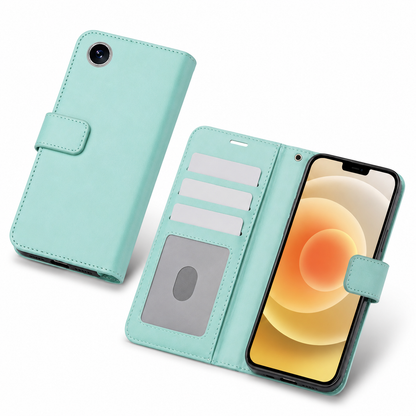 Teal leather-style iPhone wallet cover with magnetic closure and stand function