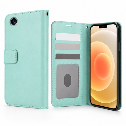 Teal flip phone cover with card storage for iPhone 17e and iPhone 16e