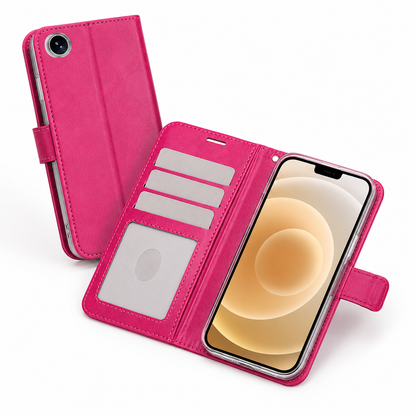 Hot Pink iPhone wallet cover with card slots, cash pocket and magnetic closure