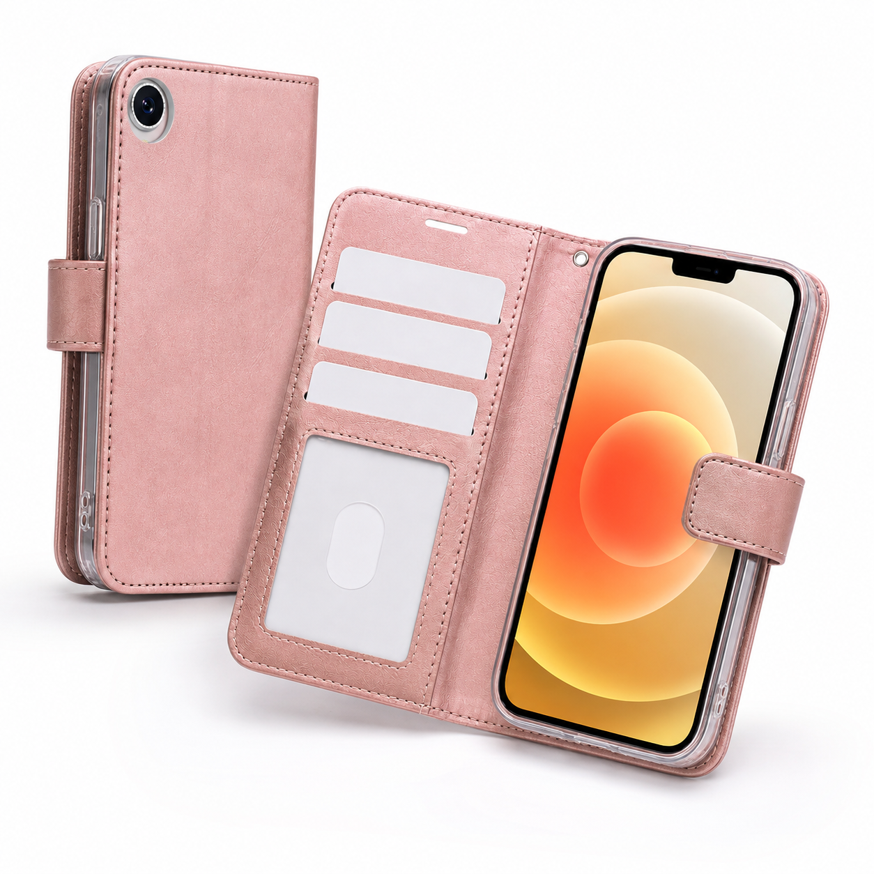 Rose Gold iPhone wallet case with card holder, stand function and magnetic closure