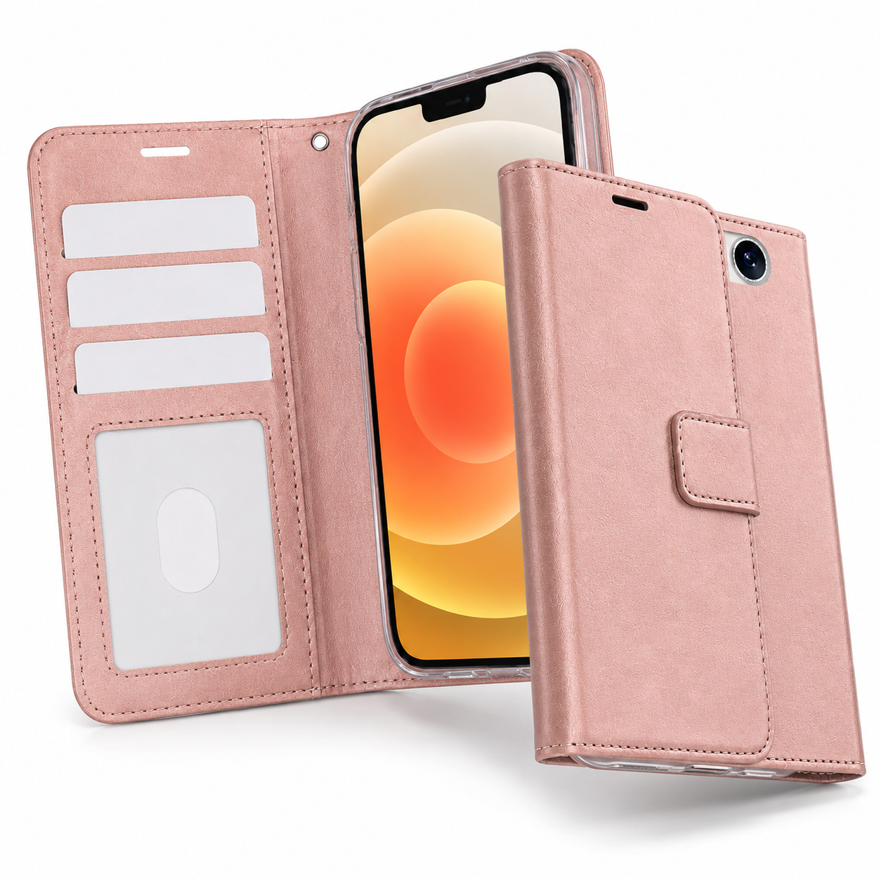 Rose Gold leather-style flip phone cover for iPhone 17e and iPhone 16e