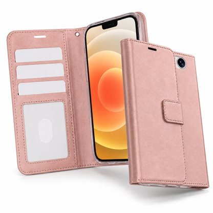 Rose Gold leather-style flip phone cover for iPhone 17e and iPhone 16e