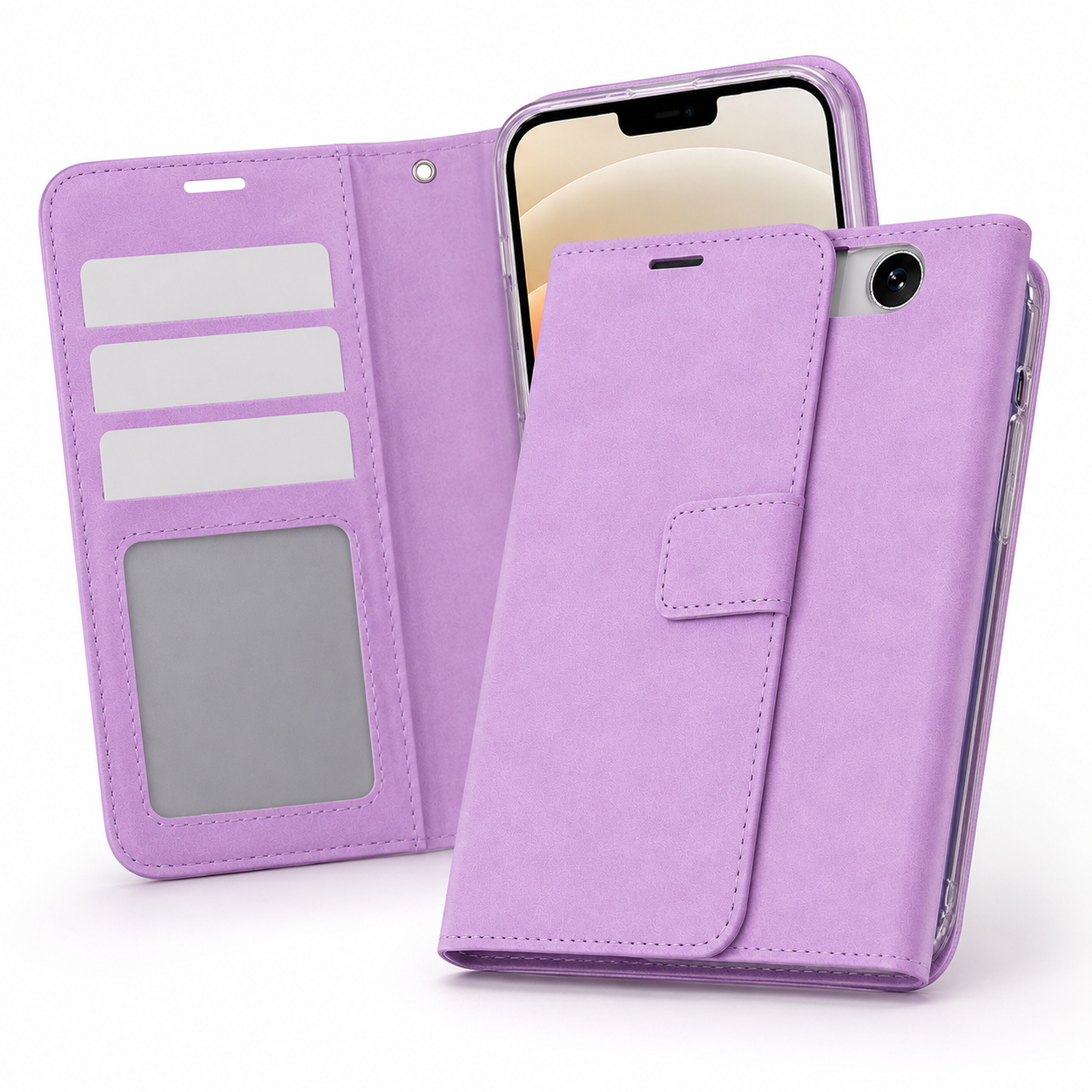Purple iPhone wallet case with card storage, cash pocket and magnetic fastening
