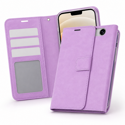 Purple iPhone wallet case with card storage, cash pocket and magnetic fastening
