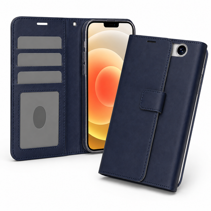 Navy leather-style diary phone cover for iPhone 17e and iPhone 16e