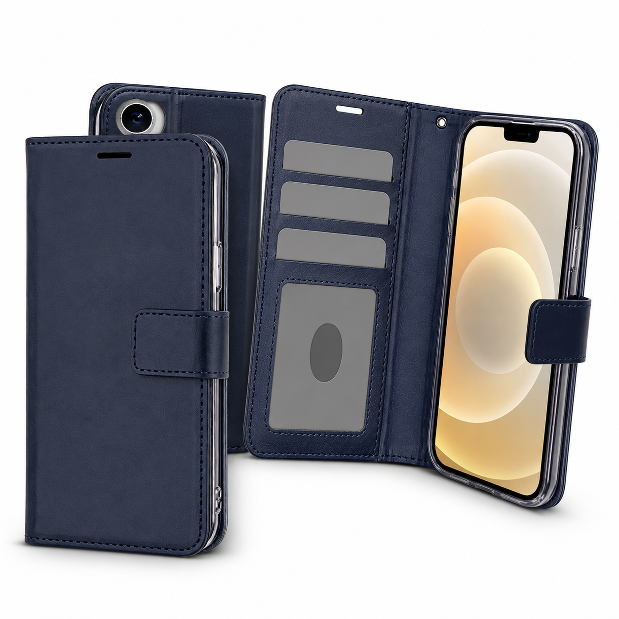 Navy iPhone wallet cover with card slots, viewing stand and magnetic closure