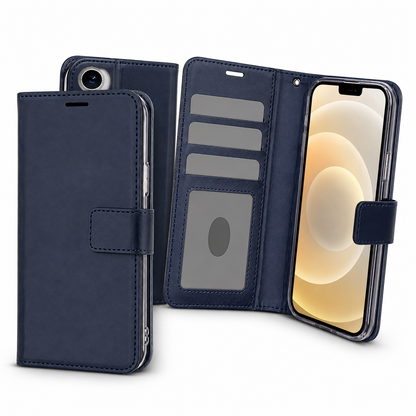 Navy iPhone wallet cover with card slots, viewing stand and magnetic closure
