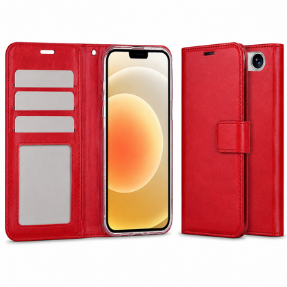 Red iPhone wallet cover with card slots, stand function and magnetic fastening