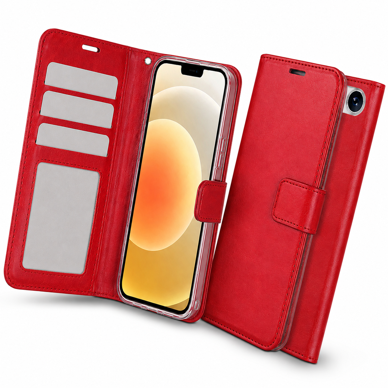 Red leather-style flip phone cover for iPhone 17e and iPhone 16e