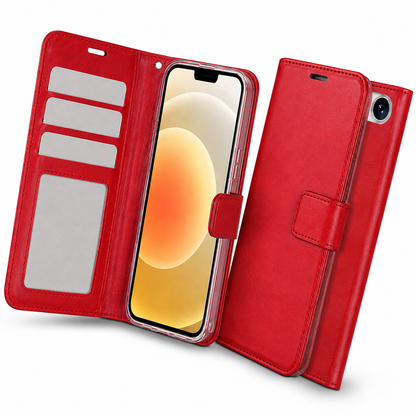 Red leather-style flip phone cover for iPhone 17e and iPhone 16e