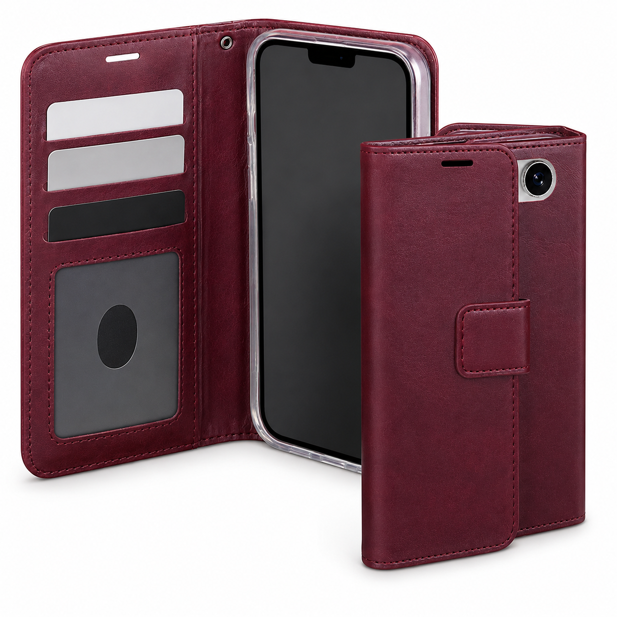 Wine iPhone wallet case with card storage, cash pocket and magnetic closure