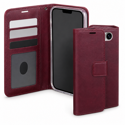 Wine iPhone wallet case with card storage, cash pocket and magnetic closure