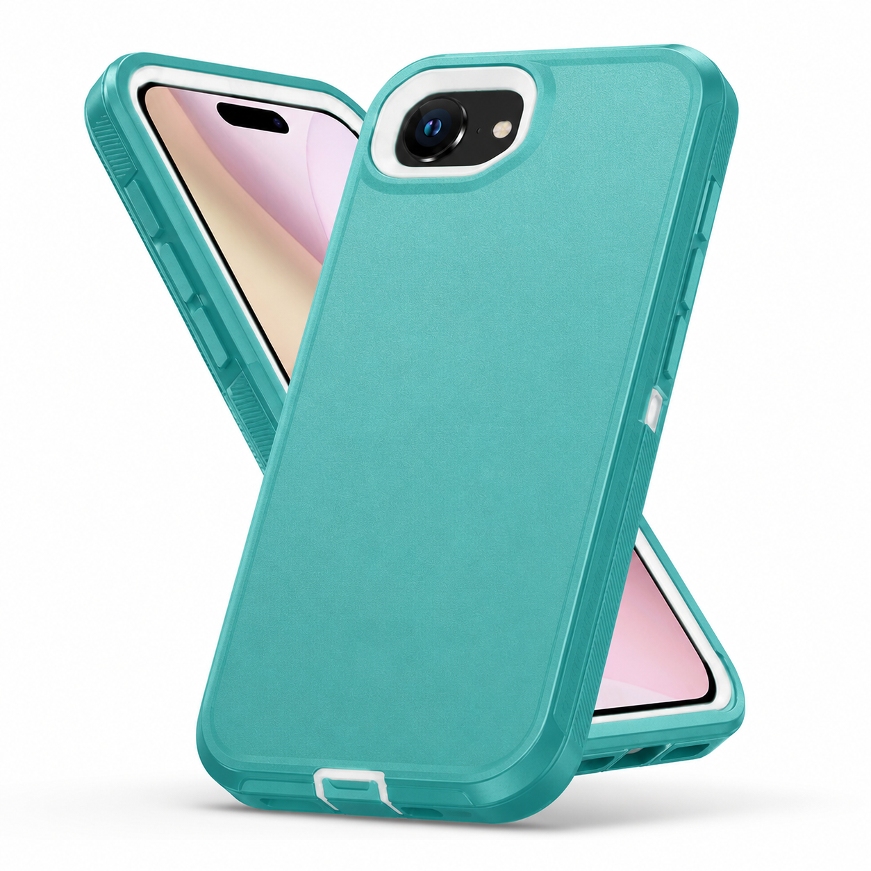 Teal impact-resistant iPhone cover with raised screen and camera protection