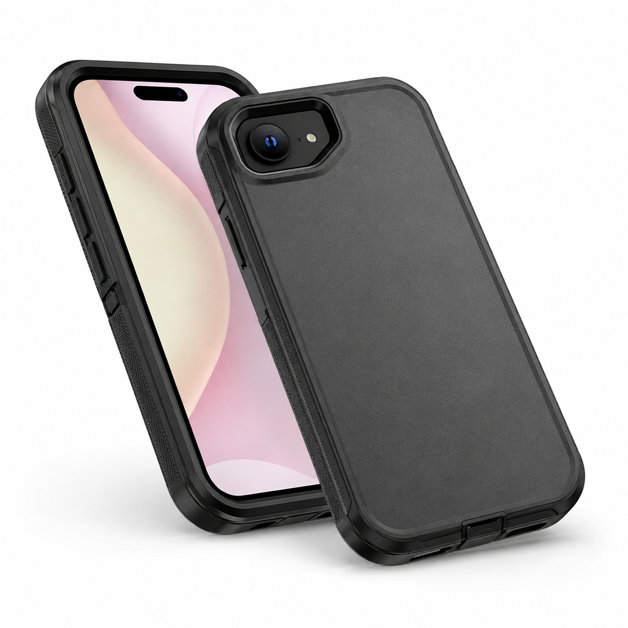 Black impact-resistant iPhone cover with reinforced corners and anti-slip grip