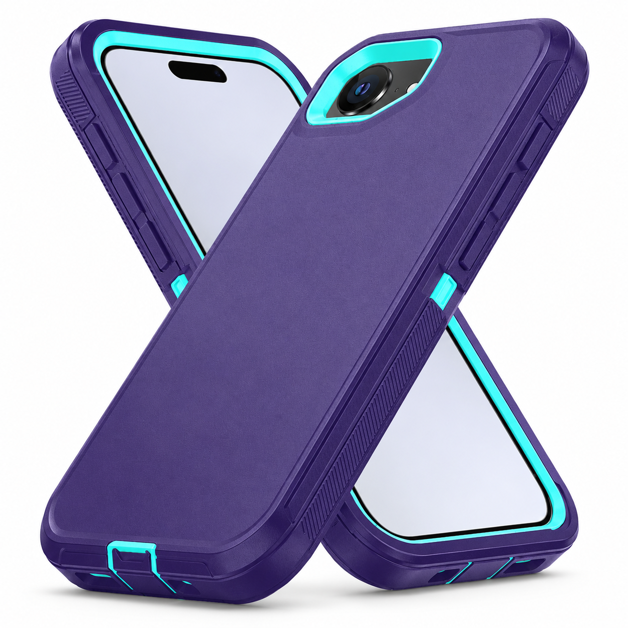 Purple impact-resistant iPhone case with anti-slip grip and raised edges