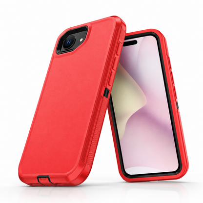Red impact-resistant iPhone cover with raised camera bezel and screen protection
