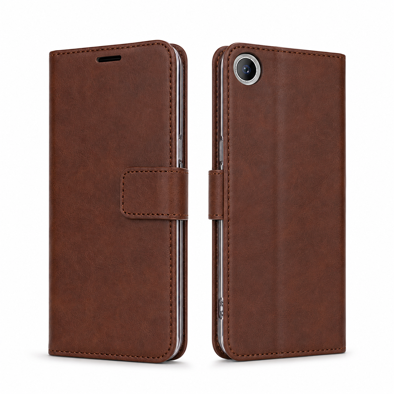 Brown flip phone cover with card storage for iPhone 17e and iPhone 16e
