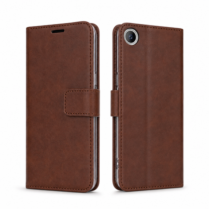 Brown flip phone cover with card storage for iPhone 17e and iPhone 16e
