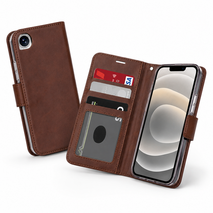 Brown iPhone wallet case with cash pocket, card holder and magnetic closure