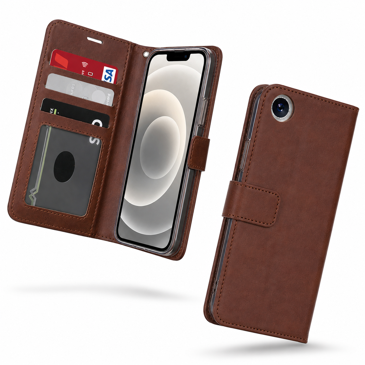 Brown leather wallet case Canada with transparent photo ID window
