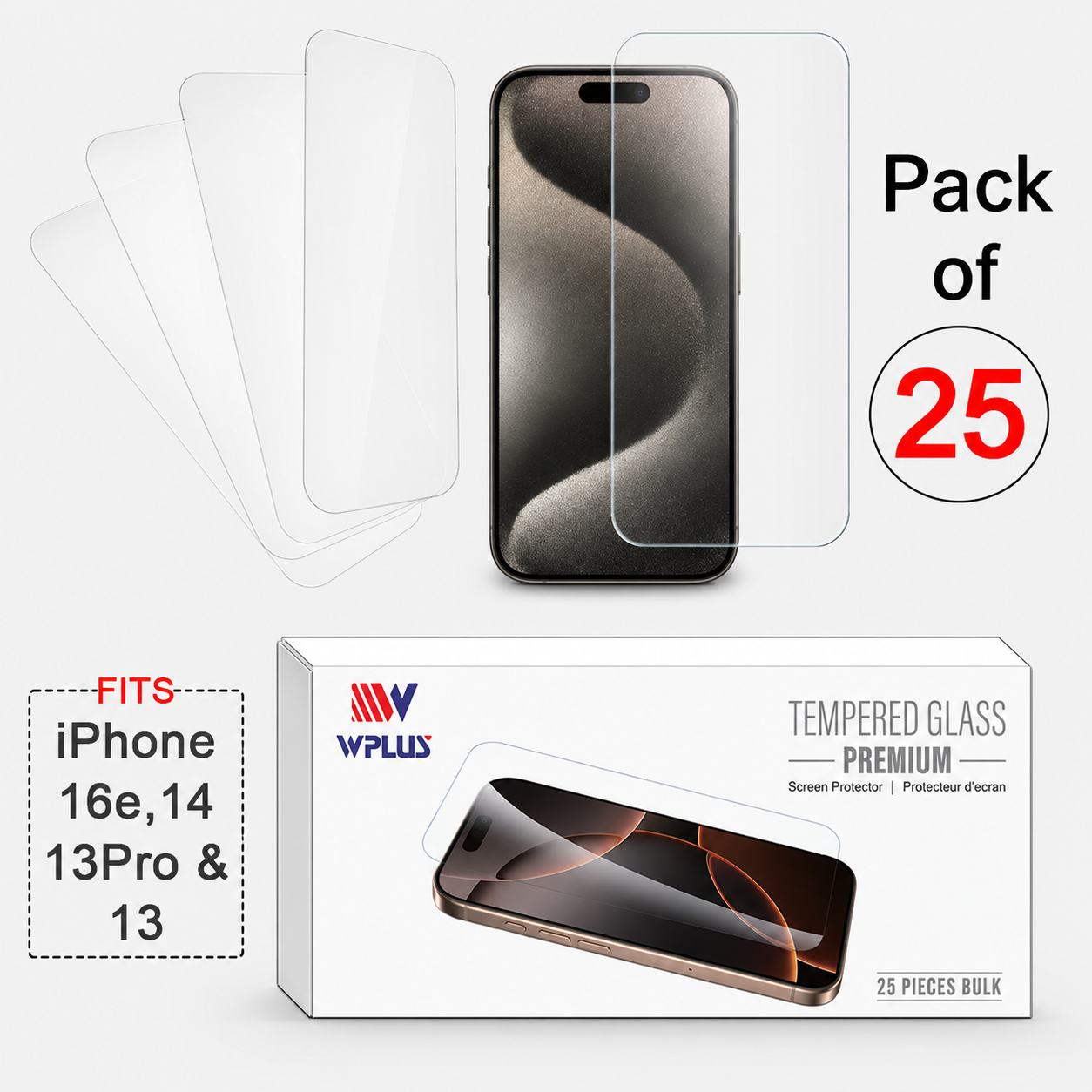 Clear Pack of 25 WPLUS Bulk Tempered Glass for Apple iPhone 17e and iPhone 16e
