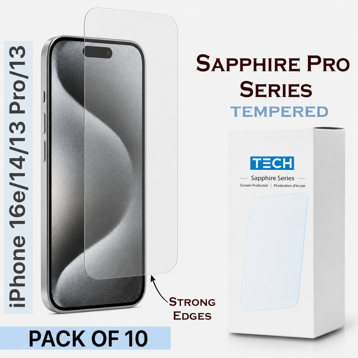 Clear Pack of 10 WTECH Sapphire Pro Tempered Glass for Apple iPhone 17e and iPhone 16e