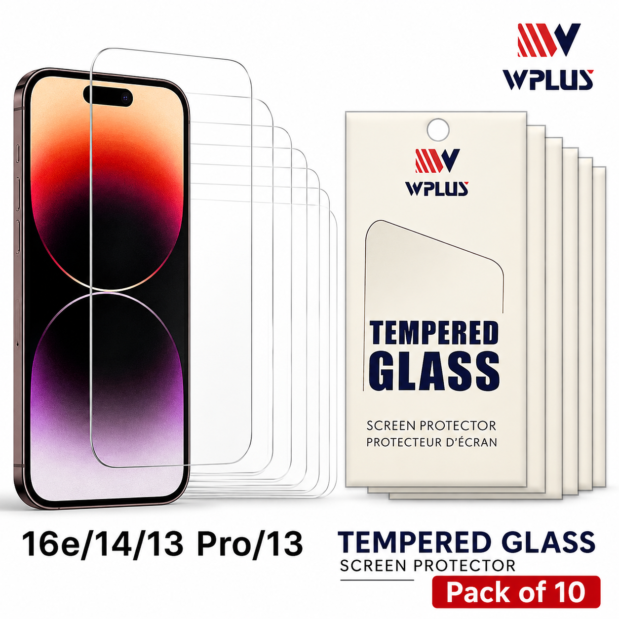 Clear Pack of 10 WPLUS Tempered Glass for Apple iPhone 17e and iPhone 16e
