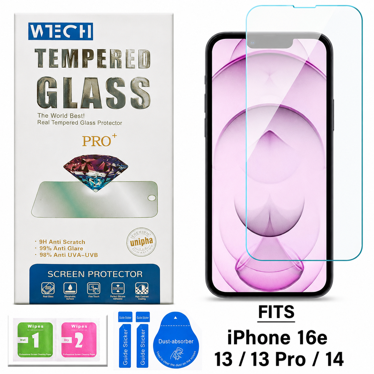 Clear WTECH Regular Tempered Glass for Apple iPhone 17e and iPhone 16e
