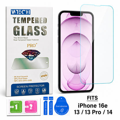 Clear WTECH protective glass for everyday iPhone 17e and iPhone 16e screen protection
