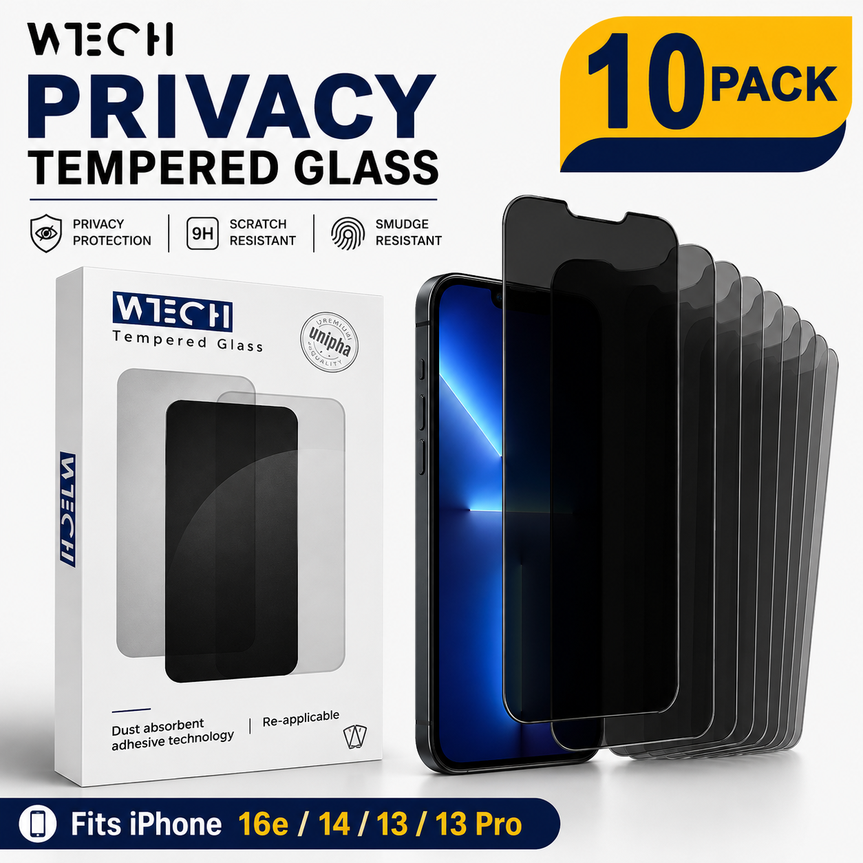 Clear Pack of 10 WTECH Sapphire Pro Tempered Glass for Apple iPhone 17e and iPhone 16e
