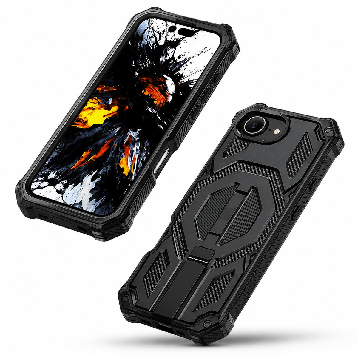 Black iPhone 16e and iPhone 17e MagSafe protective case three-quarter rear camera view