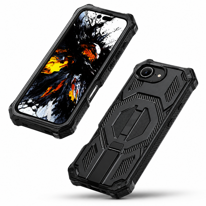 Black iPhone 16e and iPhone 17e MagSafe protective case three-quarter rear camera view