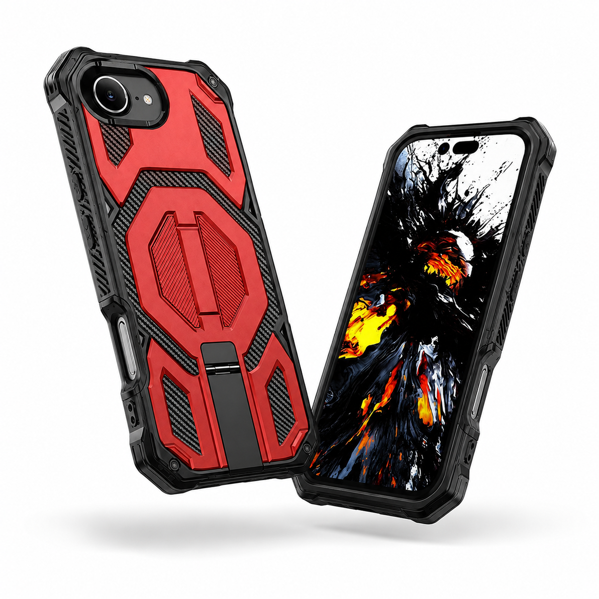 Red rugged phone case for iPhone 17e and 16e with MagSafe compatibility – 45-degree perspective