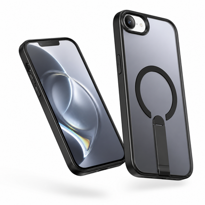 Black iPhone 17e and 16e MagSafe protective case with built-in stand – rugged phone case
